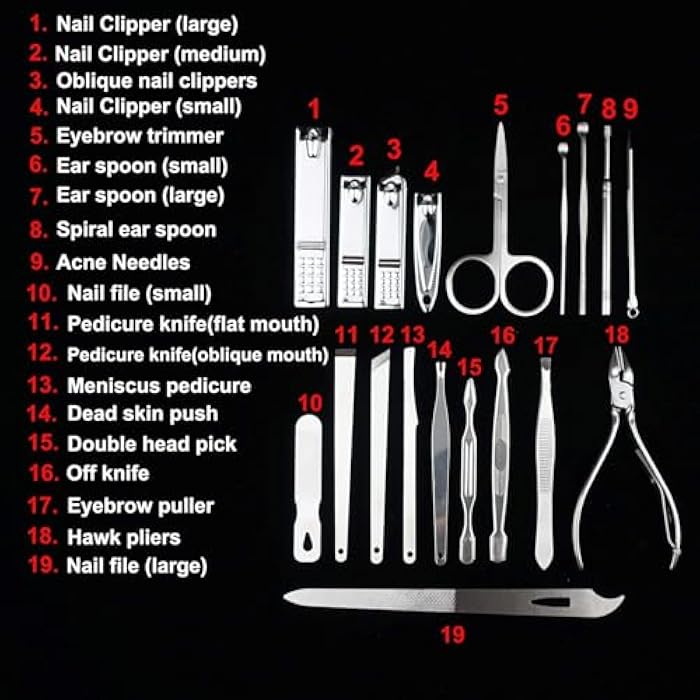 Manicure Set Nail Clippers Pedicure Kit Professional 19 Pcs Stainless Steel Grooming Tools Travel Case For Men Women Facial Ear Care - Image 2